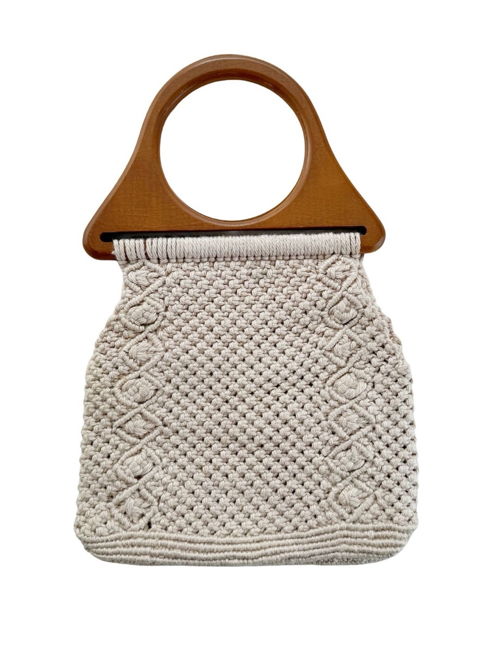 Vintage 1970s Macramé Wood Handle Bag Floral Lining